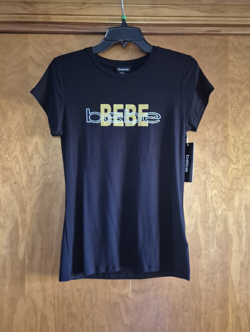 bebe Black Short Sleeve Tee with Gold Logo